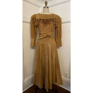 VTG Rare Karen Alexander Multi Pleat Heavy Cotton Blouson Sleeve Beaded Dress M
